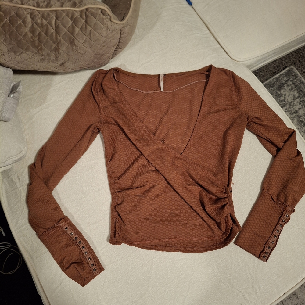 Free People Rust Textured Wrap Blouse